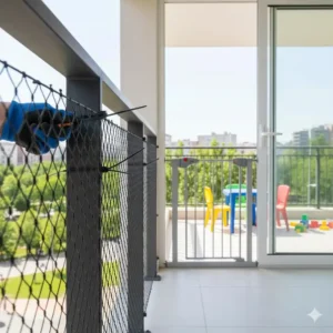 A detail shot of a secure, heavy-duty cable tie or fastener being properly used to attach safety netting to a balcony railing.