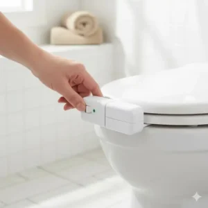 A photo showing a baby proof toilet lid lock switched into its deactivated mode for guest use or potty training.