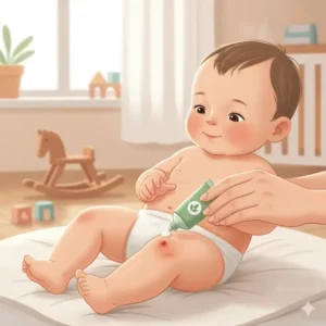 An illustration of a parent applying a soothing balm to a small bug bite on a baby’s skin, showing follow-up care for when non toxic bug repellents safe for babies are not perfectly effective.