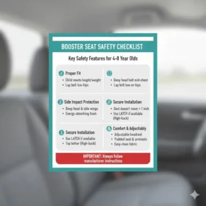 A visual checklist of key safety features to look for when choosing booster seat for 4-year-old, including side-impact protection.