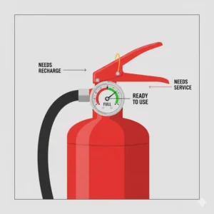 Close-up image showing a green-zone pressure gauge on a fire extinguisher child friendly location, confirming it's ready for use.