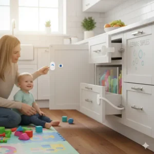 Cleaning supplies safely stored behind a locked kitchen cabinet door, emphasizing baby proofing kitchen drawers and doors. 