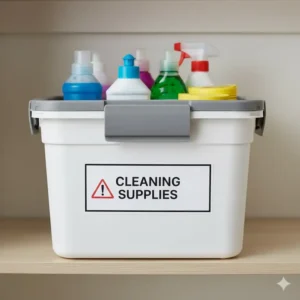A sturdy, clearly labeled storage bin with a secure lid, designed for keeping bathroom cleaning supplies locked up safely.