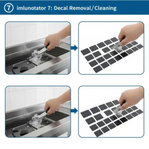 Hand carefully removing and cleaning the adhesive non slip tub decals for infants from the bathtub floor.
