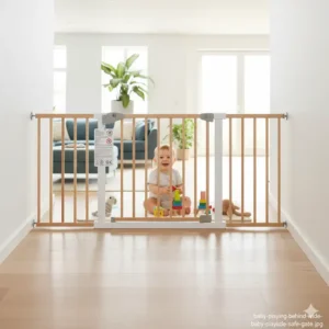 Happy baby crawling and playing safely behind the secured non toxic baby gates for wide openings.