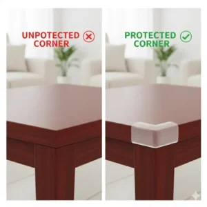 Side-by-side comparison illustrating a sharp, unprotected furniture corner next to a corner safely covered by furniture corner guards adhesive type.