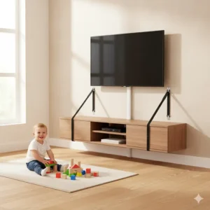 A parent gently testing the stability of the mounted television to ensure it is firmly secured to the wall as a baby-proofing measure for securing tv to wall baby proof. 