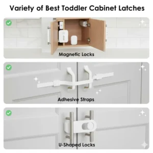 A comparison display of the various types of best toddler cabinet latches, including spring, magnetic, and strap locks.