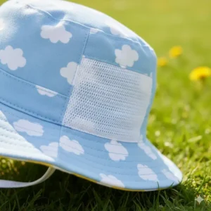 Detail showing the breathable, ventilated mesh panel on the side of a sun safety hat for crawling baby for airflow and comfort.