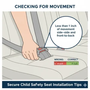 Hand demonstrating how to firmly check the child safety seat installation tips at the belt path to ensure less than one inch of movement after installation.