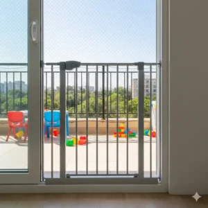 A sturdy safety gate installed in the doorway leading out to the balcony, creating a crucial second layer of protection for toddlers.