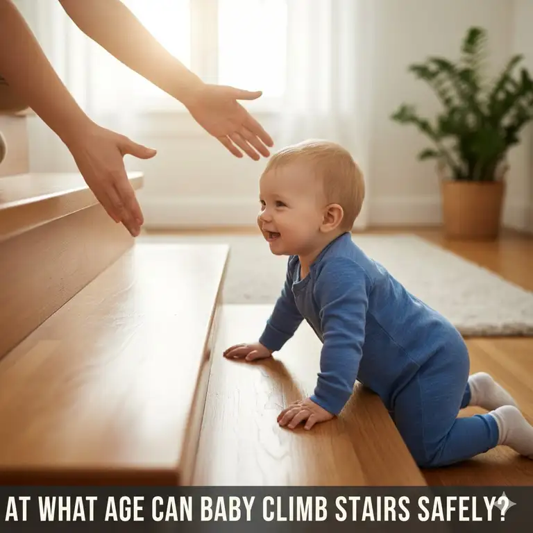 A happy baby safely climbing the bottom few steps under parental supervision, demonstrating at what age can baby climb stairs safely.