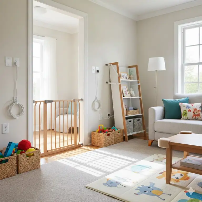 A living room perfectly baby-proofed with safety gates, outlet covers, and secured cords, illustrating comprehensive tips to baby proof house for crawling baby.