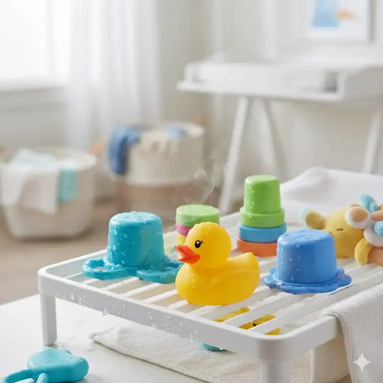 A close-up shot of a variety of colorful baby toys clean and sanitized drying on a rack after being washed.keeping baby toys clean and sanitized