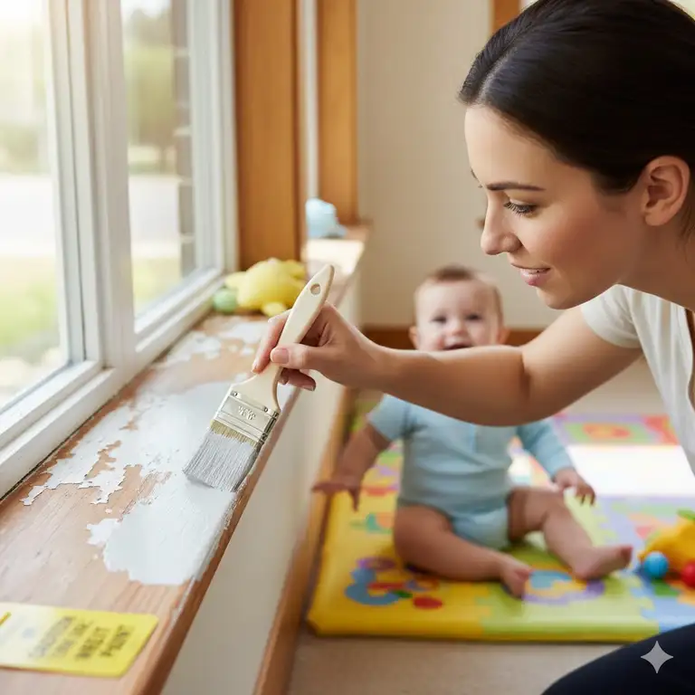 Close-up of a parent carefully painting over chipping lead paint on a window sill to start reducing lead paint exposure baby proofing a home for safety.