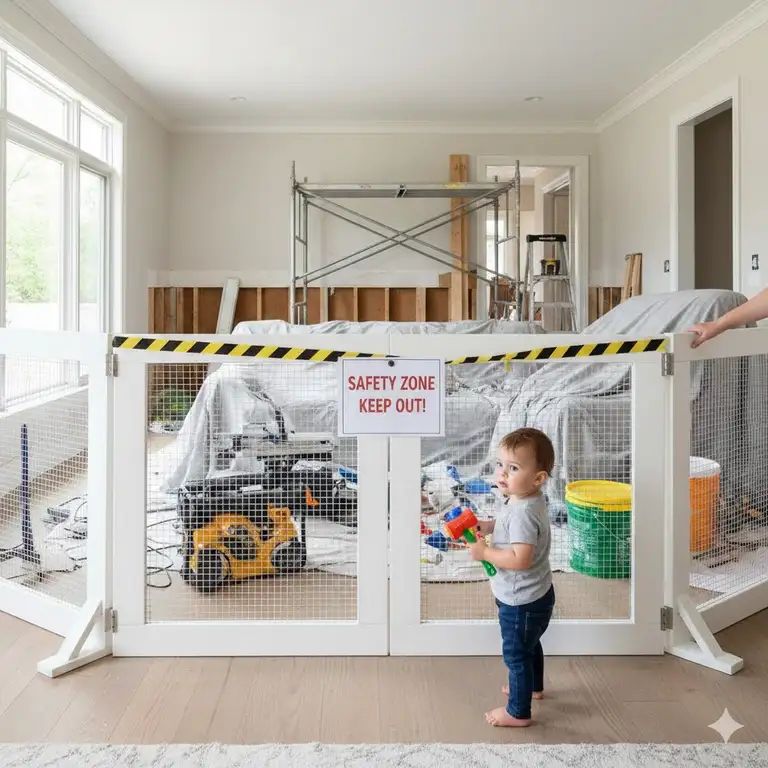 A wide shot of a renovation area with a temporary child-proof barrier and safety signage, illustrating how to child proof during renovations to keep toddlers safe.