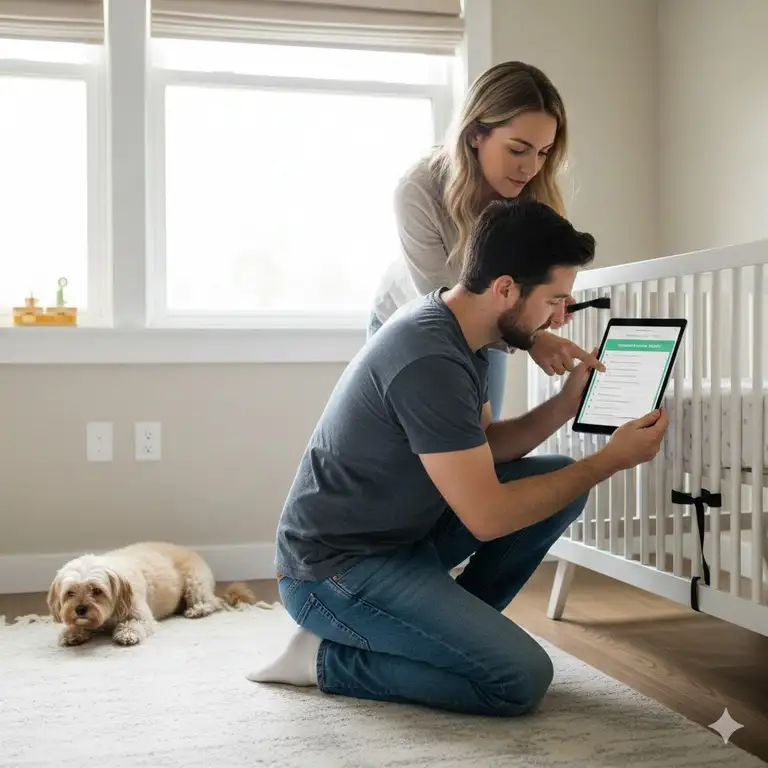 A parent is carefully following a child safety checklist newborn home while baby-proofing the environment.