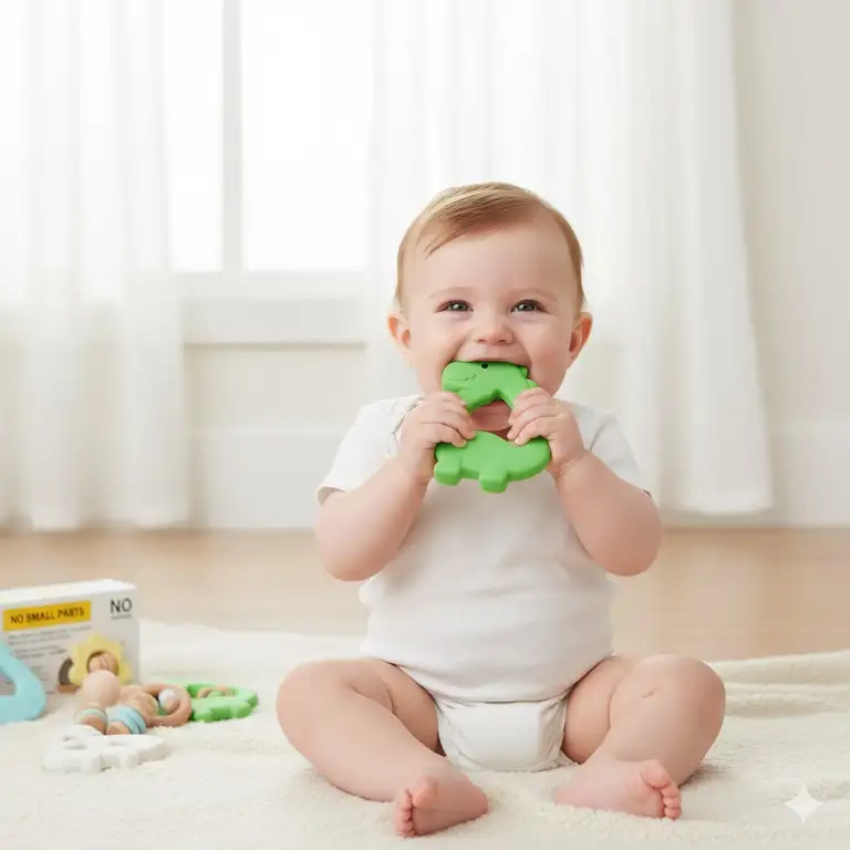 A happy baby safely chewing on a large, single-piece silicone teether, illustrating the importance of avoiding small parts in baby teething toys to prevent choking hazards.