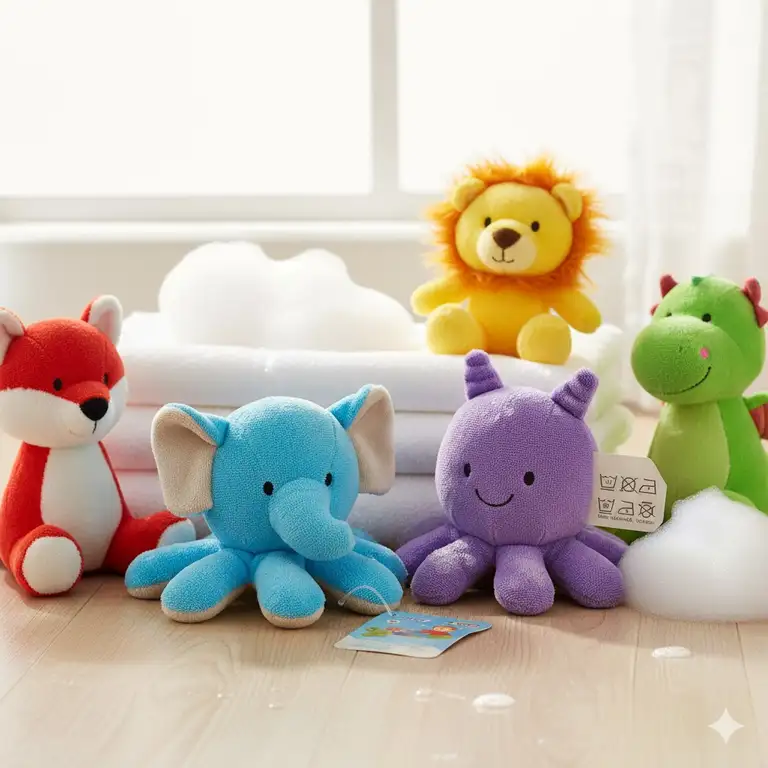 A beautiful collection of colorful and soft safe plush toys washable material, shown ready for gentle washing.