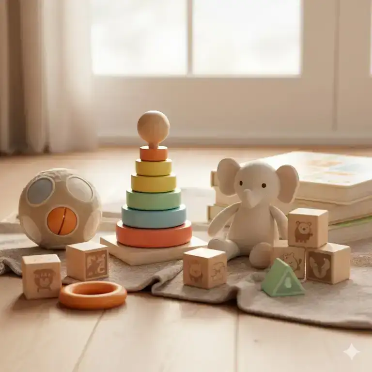 A selection of bright, large-sized, wooden and soft items, all confirmed as choking hazard free baby toys for infants and toddlers.