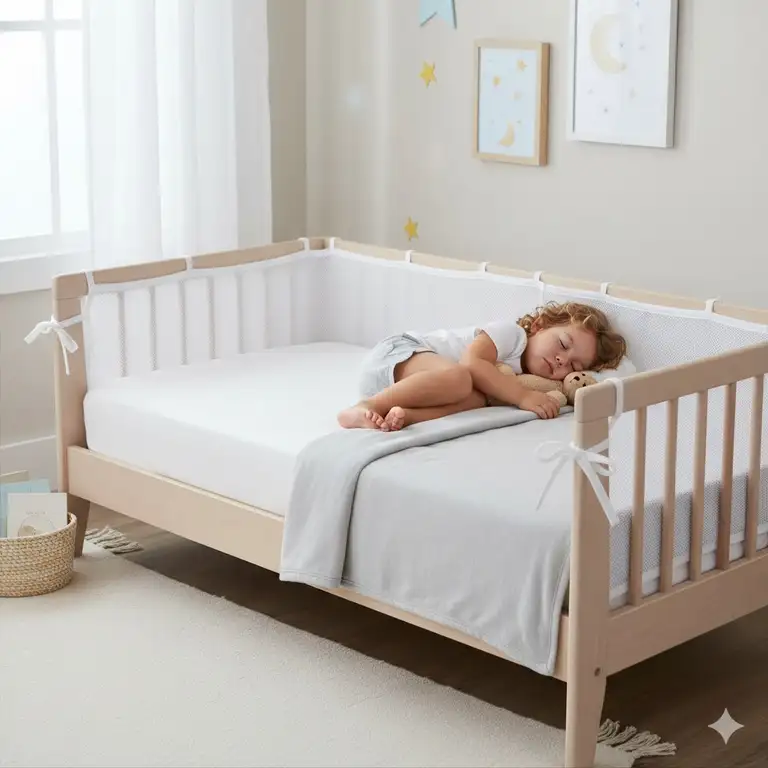 A wide shot of a baby sleeping safely in a crib without bumpers, illustrating when to remove crib bumpers for a toddler transition.