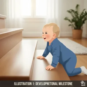 A graphic of a baby crawling up the first step, showing the developmental milestone before mastering at what age can baby climb stairs safely.