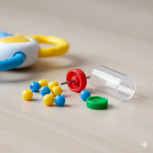 Close-up of a disassembled teether toy with small parts that could be a choking hazard for a baby, requiring parents to focus on avoiding small parts in baby teething toys.