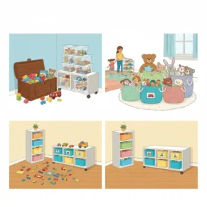 A large, durable plastic chest used as deep toy storage bins to prevent tripping over large blocks and toys.