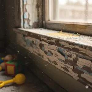 A detailed shot of chipping paint on an older window sill, highlighting a hazard that requires immediate attention for reducing lead paint exposure baby proofing.