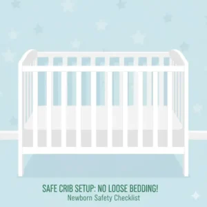 A graphic showing a safe crib setup as part of the child safety checklist newborn home guide.