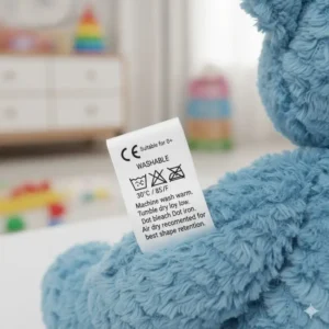 Close-up of a care instruction tag on a safe plush toys washable material, detailing disinfection methods.