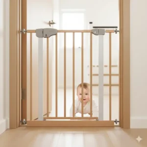 Installing a secure pressure-mounted safety gate in a doorway to restrict a crawling baby's access to unsafe areas, one of the essential tips to baby proof house for crawling baby.