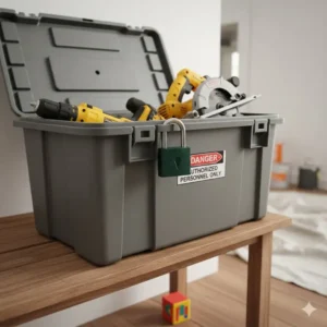 Close-up of power tools locked in a secure storage container out of reach, a critical step in how to child proof during renovations.