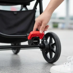 Detailed close-up of the foot brake pedal on the rear wheel of the safe travel stroller with brakes.