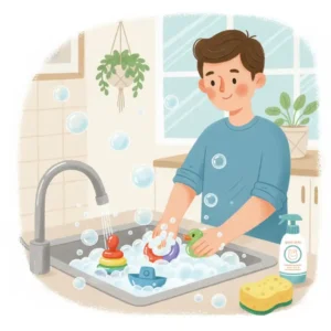 An illustration showing a parent easily cleaning and sanitizing plastic baby toys in a sink with soapy water.