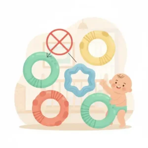 An illustration of safe, flexible silicone teething rings that are too large to be choking hazard free baby toys for a baby.