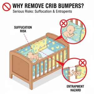 Diagram illustrating the potential suffocation risk or entrapment hazard, explaining reasons for when to remove crib bumpers.