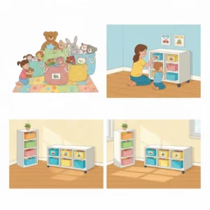 Clear, stackable plastic boxes used as toy storage bins to prevent tripping, making the contents visible for quick cleanup.