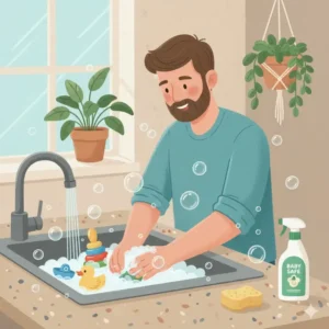 An image demonstrating the process of soaking bath toys in a safe, diluted bleach solution to ensure they are sanitized.