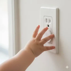 Child-proof sliding electrical outlet covers being used in a home to protect a crawling baby from potential hazards, a key tip to baby proof house for crawling baby.