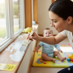 An illustration demonstrating the wet-sanding technique to safely smooth surfaces, a core method for reducing lead paint exposure baby proofing efforts in old homes.