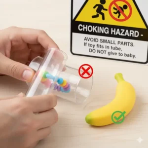 A parent demonstrating the 'choke tube' test to ensure a teething toy is large enough, which is a key step in avoiding small parts in baby teething toys.