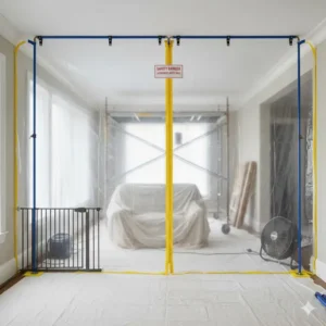 A professional dust barrier or temporary wall with a zippered door set up to block off the renovation zone and prevent a child from entering, showing how to child proof during renovations.