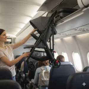A lightweight safe travel stroller with brakes being stored easily in an airplane overhead compartment.