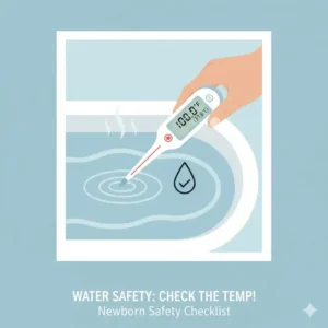 A thermometer checking the water temperature for a newborn bath, an essential step in the child safety checklist newborn home.