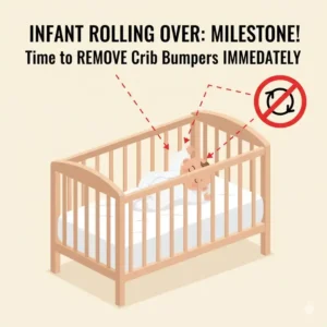 A simple graphic of an infant rolling from back to stomach, indicating the crucial developmental stage when to remove crib bumpers immediately.