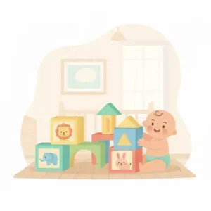 A set of brightly colored, oversized wooden building blocks, ideal as choking hazard free baby toys for a 6-12 month old.