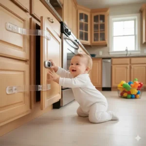 Magnetic cabinet and drawer safety locks preventing a curious crawling baby from accessing chemicals or sharp objects, a smart tip to baby proof house for crawling baby.