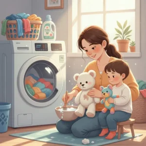 A graphic illustrating how to machine wash or spot clean a stuffed animal to effectively remove germs.