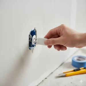 Hand installing a child-proof safety cover on a partially exposed electrical outlet in a home undergoing repairs, an essential part of how to child proof during renovations.